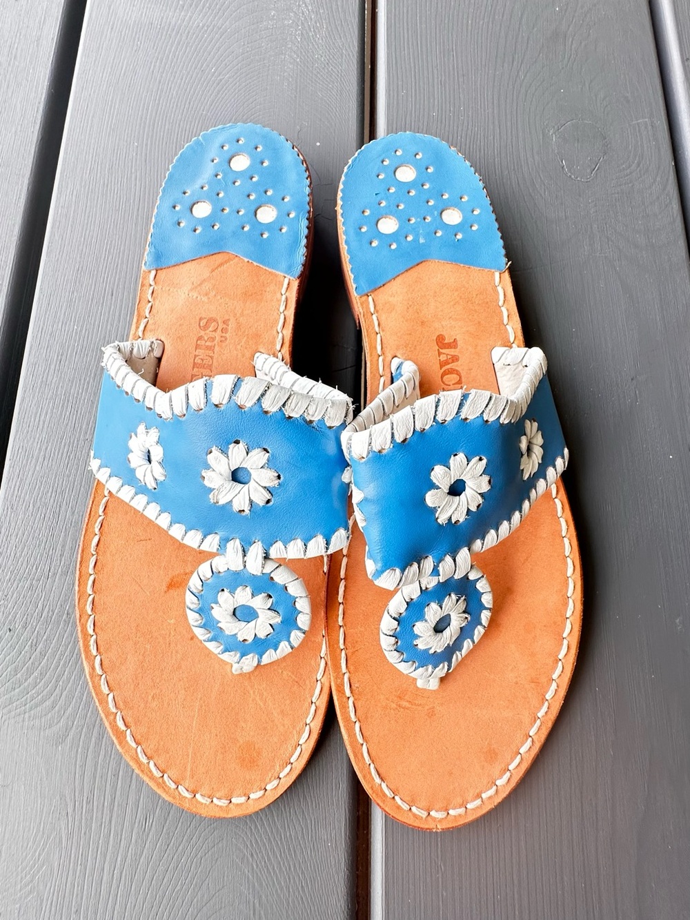 Jack Rogers Blue Leather Daisy Slide Sandals with Tan Footbed size 6. New
